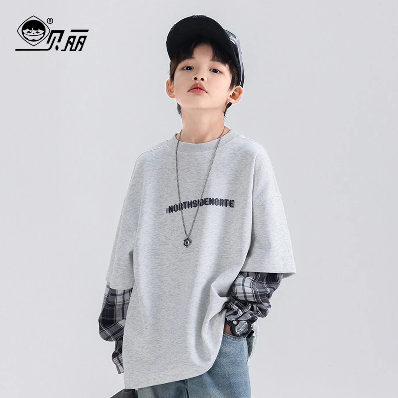 2025新款春款童装男童休闲格子假两件卫衣中大童儿童春装百搭上衣