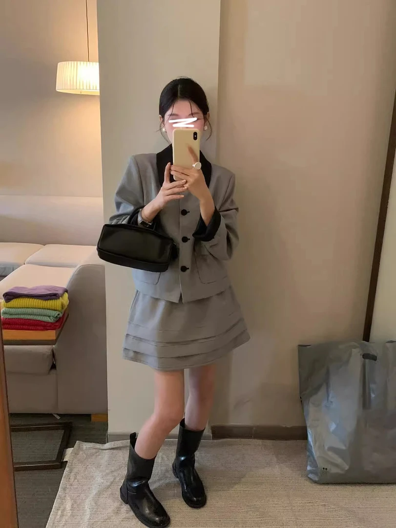 韩系富家千金高级感千鸟格套装气质翻领外套女装秋季半身裙两件套