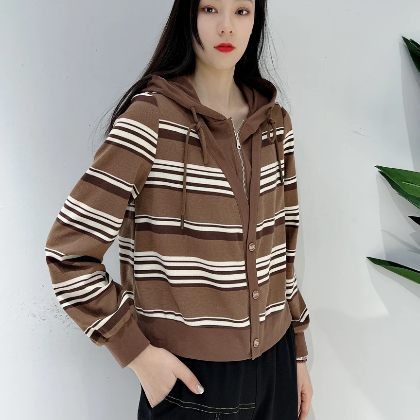 漠希摩0665针织薄款连帽毛针织衫时尚开衫不起球条纹秋冬女装