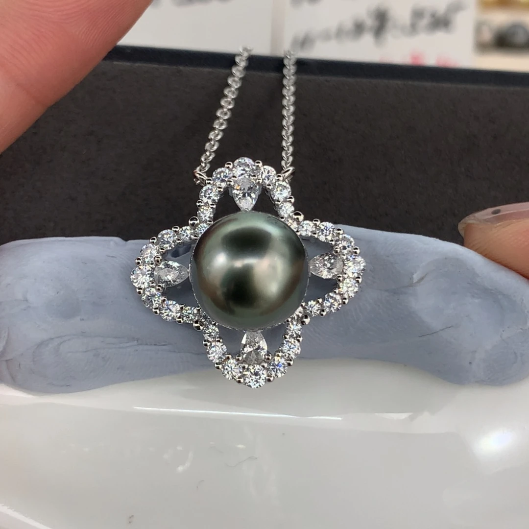 定制海水珍珠银S925镶嵌项链11-12mm孔雀绿一颗