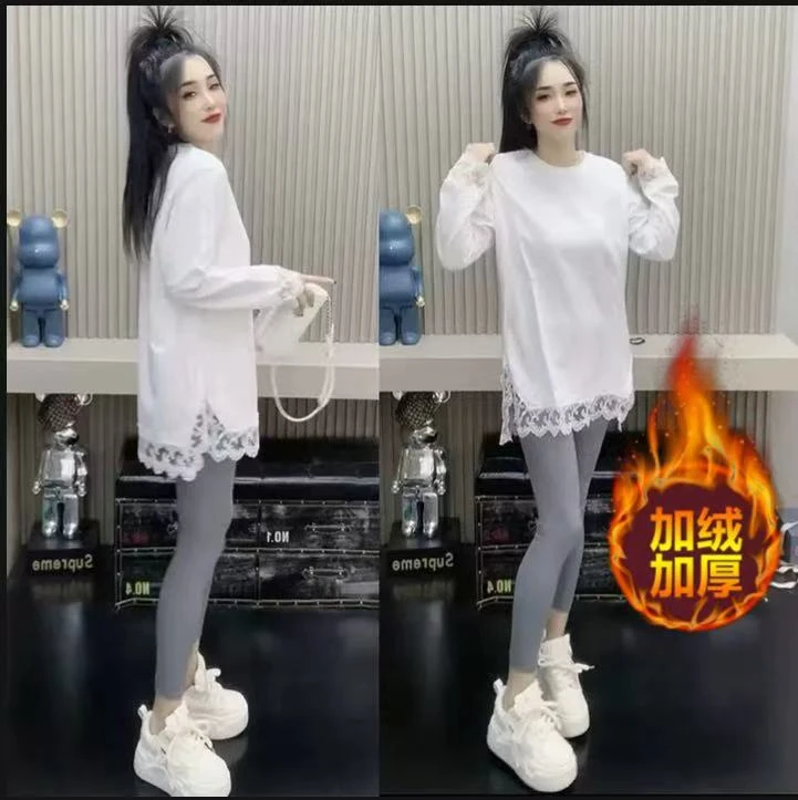 【加宝宝绒】2025秋冬时尚显瘦宽松长袖蕾丝拼接叠穿打底衫中长款内