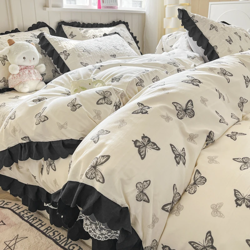 韩版法式赫本风超柔水洗棉夹棉床盖夏被四件套加厚防滑单件三件套