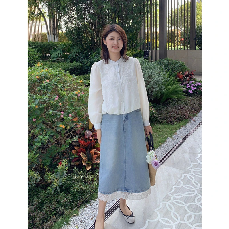 紫璐莱牛仔也温柔~气质百搭蕾丝拼接A字长款开叉牛仔半身裙女903X