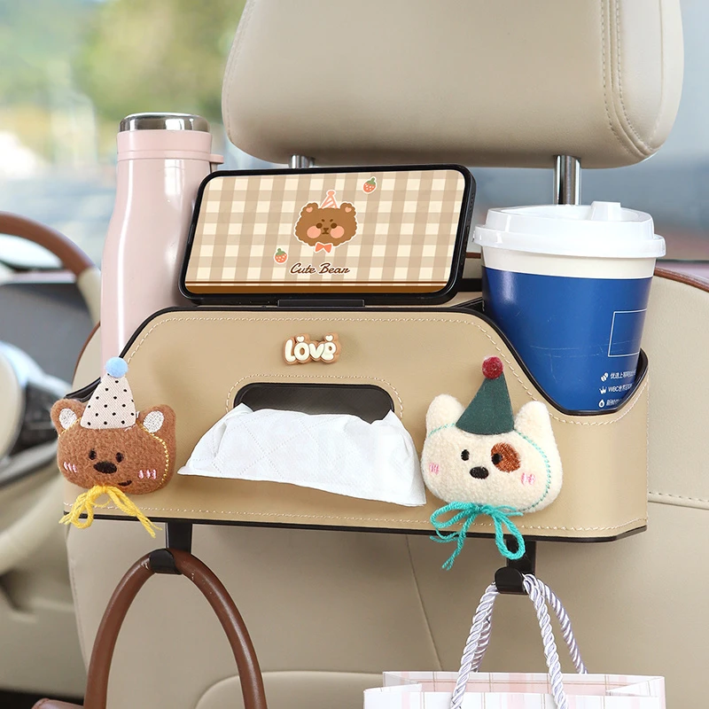 车载纸巾盒汽车椅背置物架多功能卡通可爱收纳神器后排后座水杯架