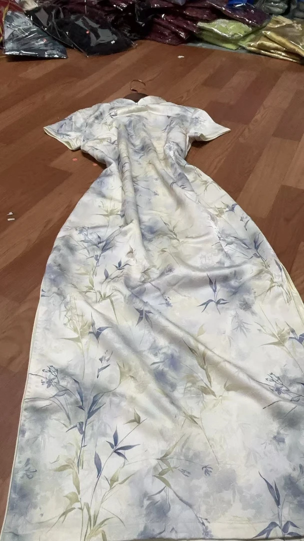 739-蓝色 竹叶花萝 年轻 改良 旗袍