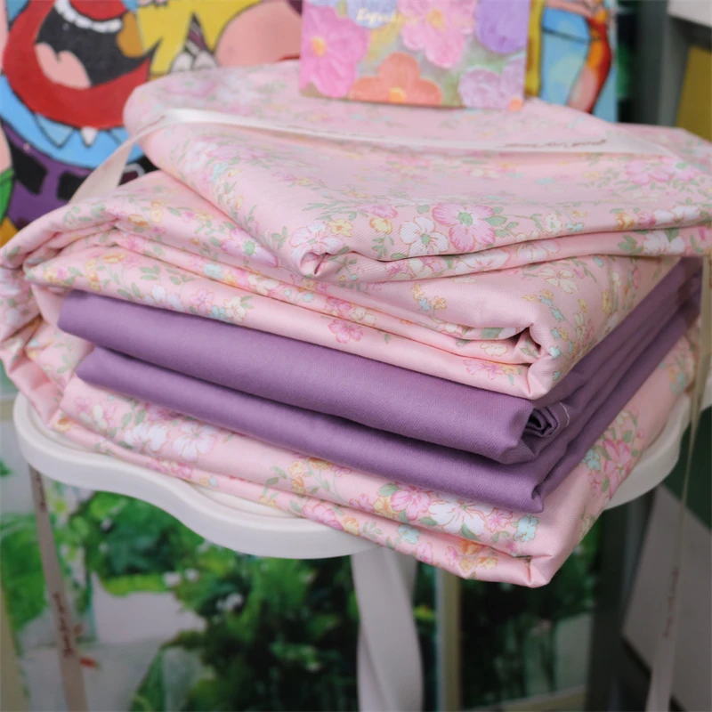 樱花紫全棉小碎花四件套纯棉轻奢文艺意式极简风纯色床单田园被套