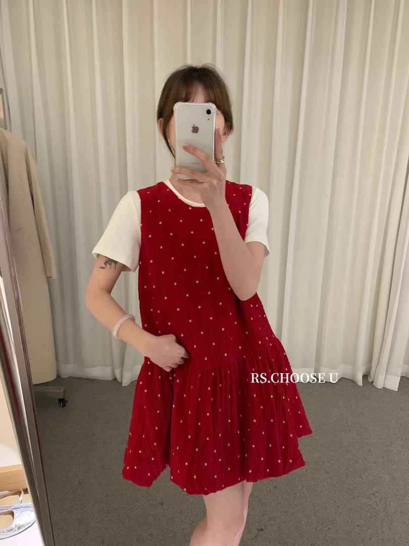 春上新！【霜霜chic衣橱】韩系圆领肌理感红色波点连衣裙 娃娃裙
