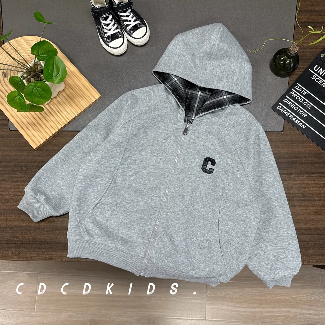 川度25374儿童外套秋装两面穿百搭韩版格子男女童装刺绣连帽上衣