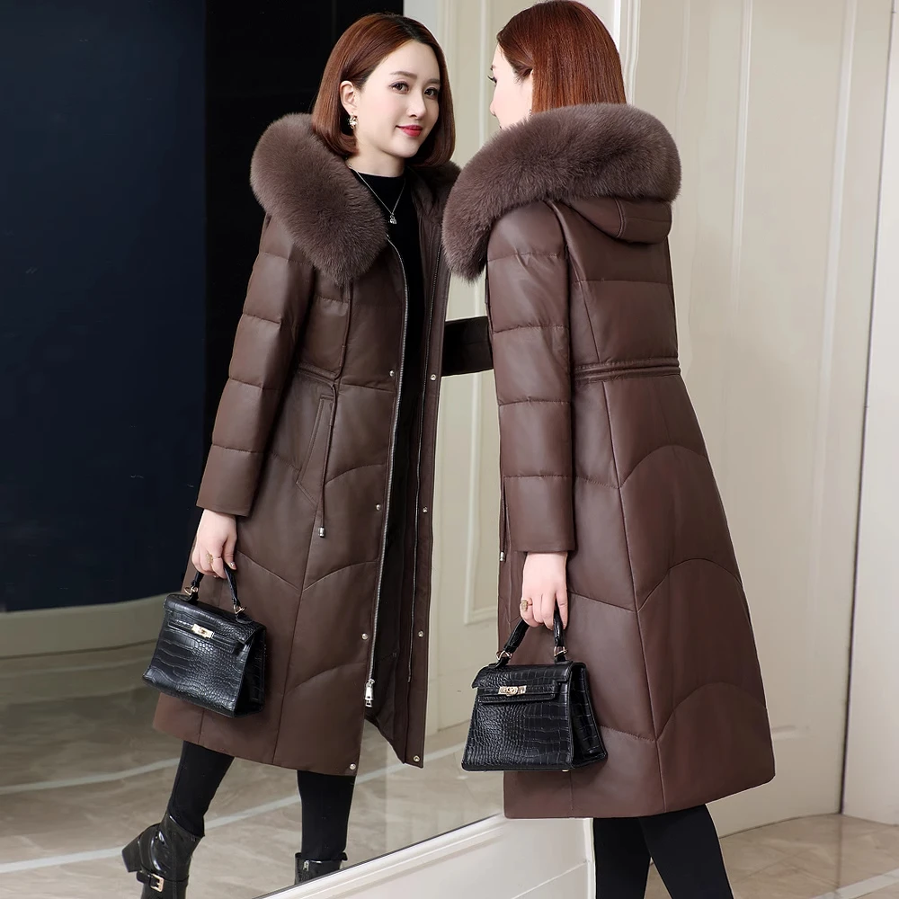 海宁真皮羽绒服女时尚新款冬季长款过膝保暖皮草绵羊皮外套皮衣