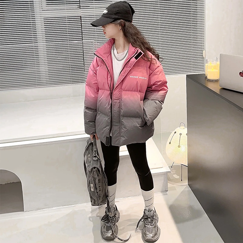 女童渐变羽绒服冬装2023女孩秋冬款女大童外套儿童白鸭绒保暖加厚
