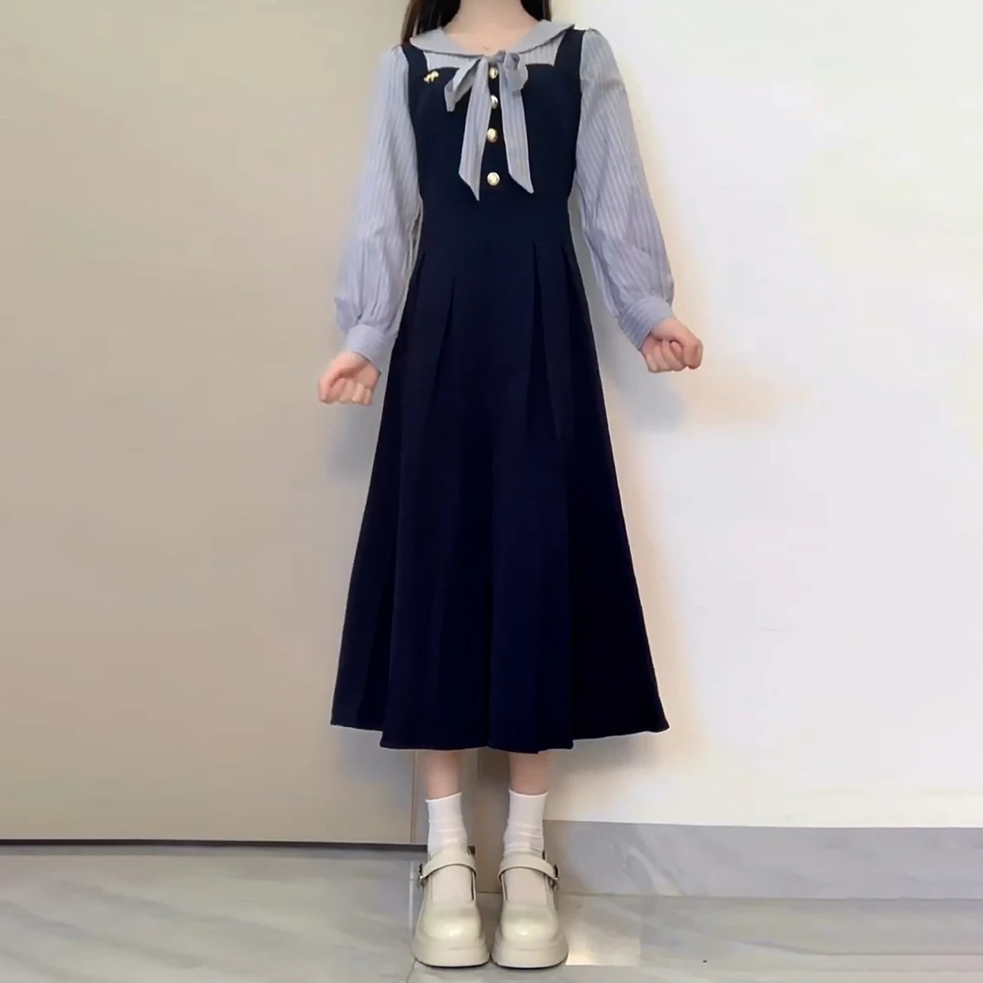 2025新款学院风假两件长袖连衣裙子女秋季设计感小众温柔绝美长裙