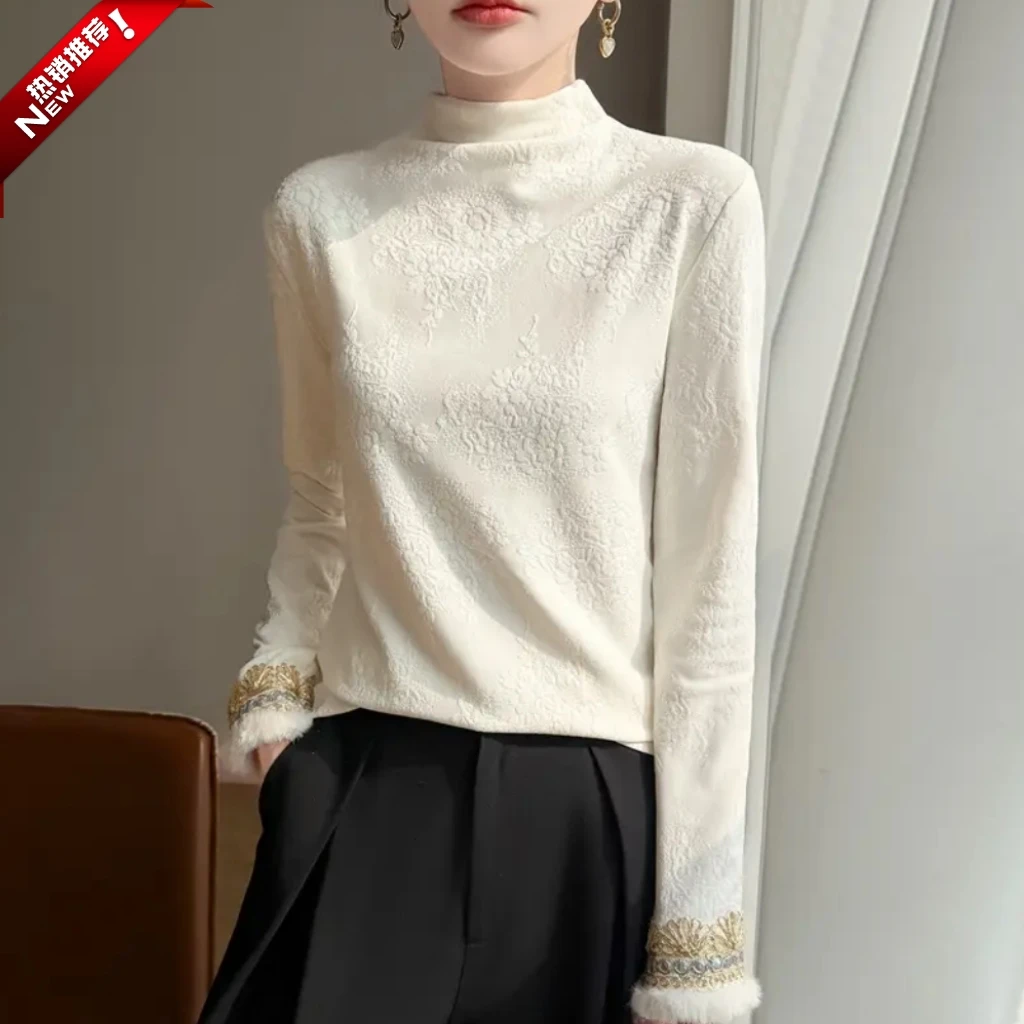 品牌时尚新中式国风洋气半高领提花加绒气质袖口带毛长袖针织衫女