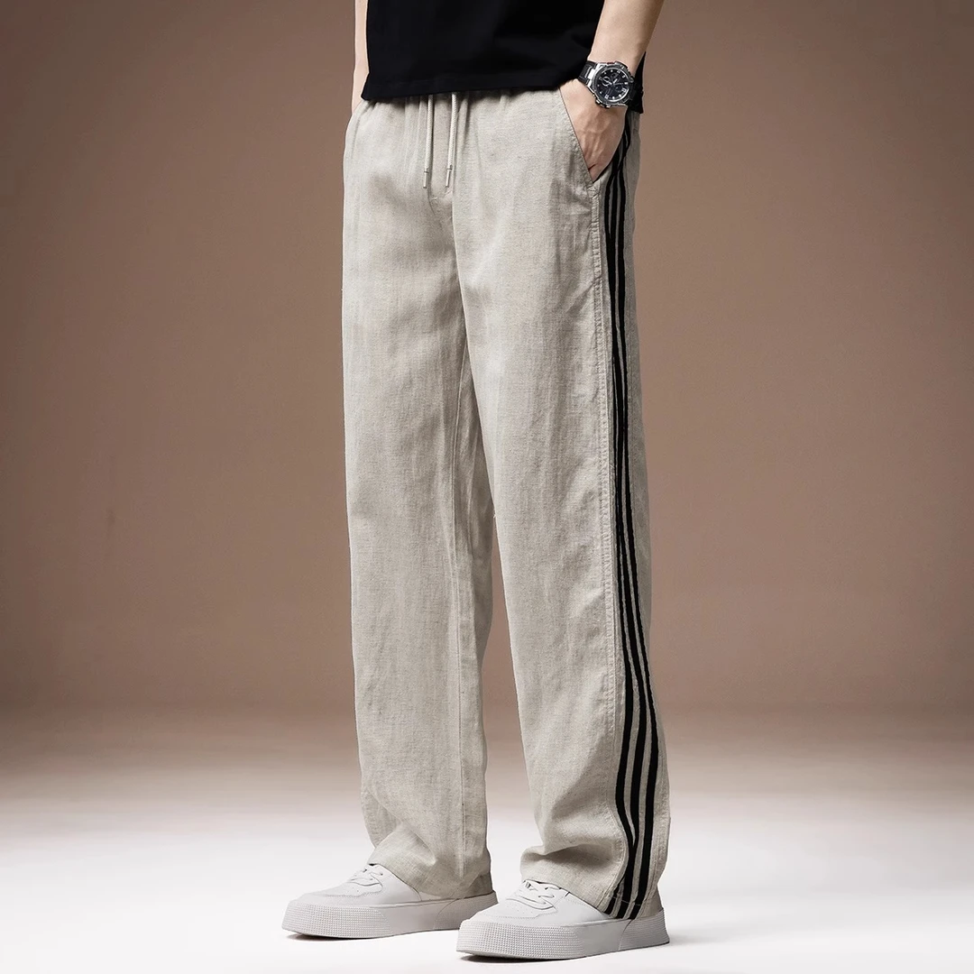 LEIGHZ/雷茨高端亚麻直筒速干休闲裤男士夏季莱赛尔天丝宽松裤子