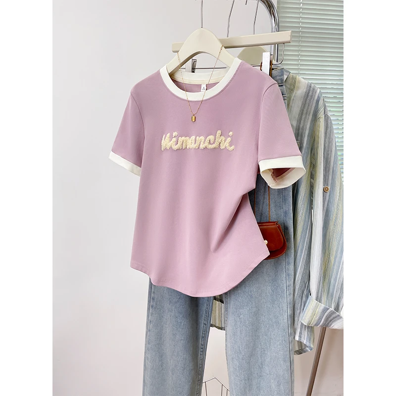 字母植绒刺绣撞色圆领上衣正肩宽松显瘦短袖T恤夏季别致漂亮女装