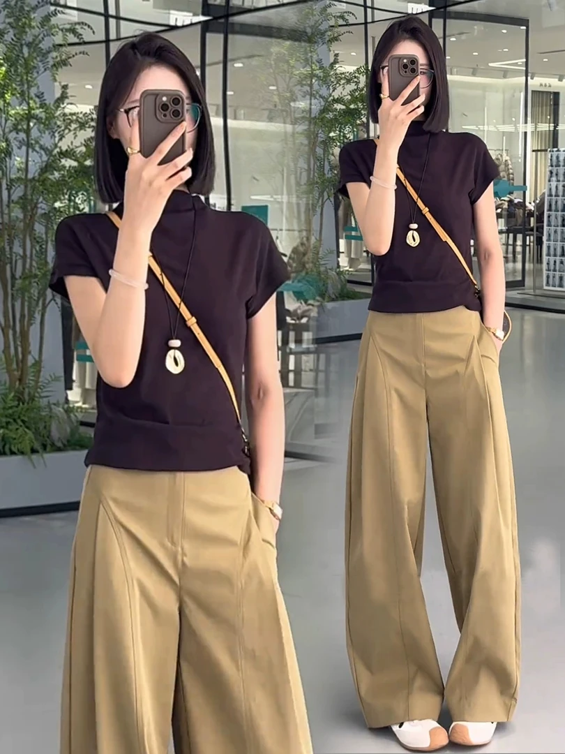 时尚套装女2025早秋新款洋气显瘦针织短袖T恤休闲阔腿裤两件套潮