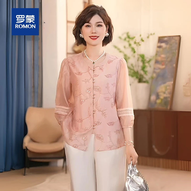 罗蒙中年妈妈夏季套装女2025新款洋气上衣服衬衫中老年女装两件套