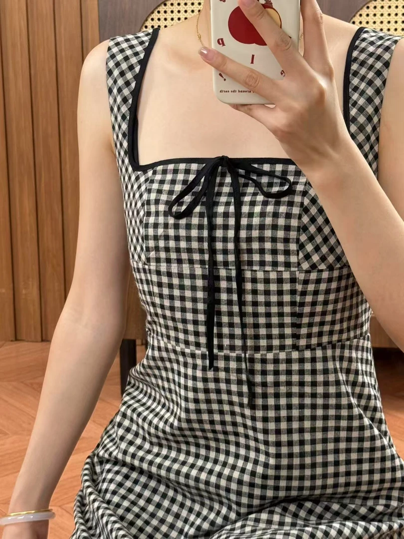 Sshuin夏季法式田园复古绑带收腰修身显瘦方领格子连衣裙少女裙