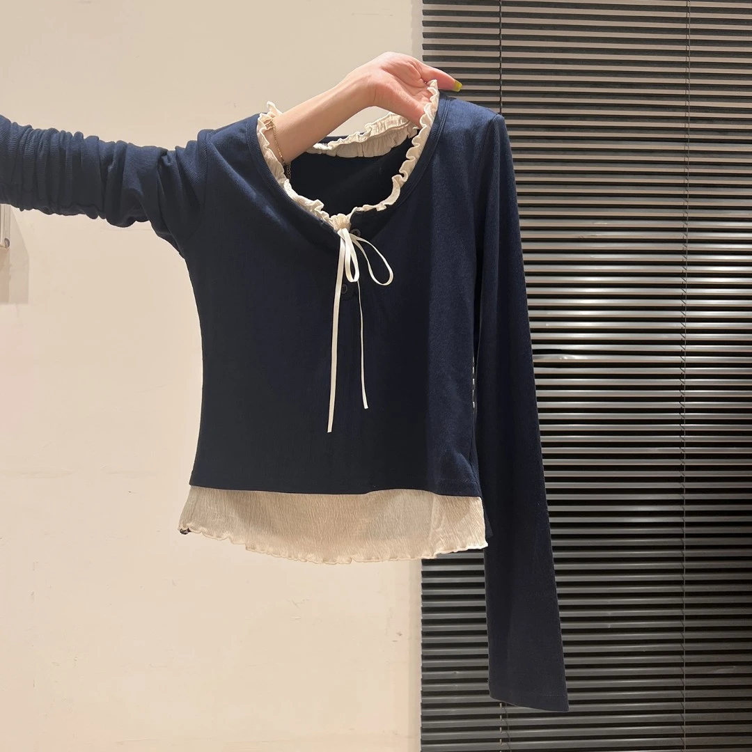 夏珍 圆领假两件撞色拼接木耳边短袖T恤2025秋蝴蝶结修身显瘦上衣