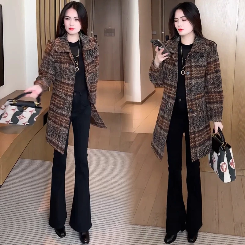 时尚毛呢外套女2025秋冬新款洋气显瘦千鸟格中长款妮子气质大衣潮
