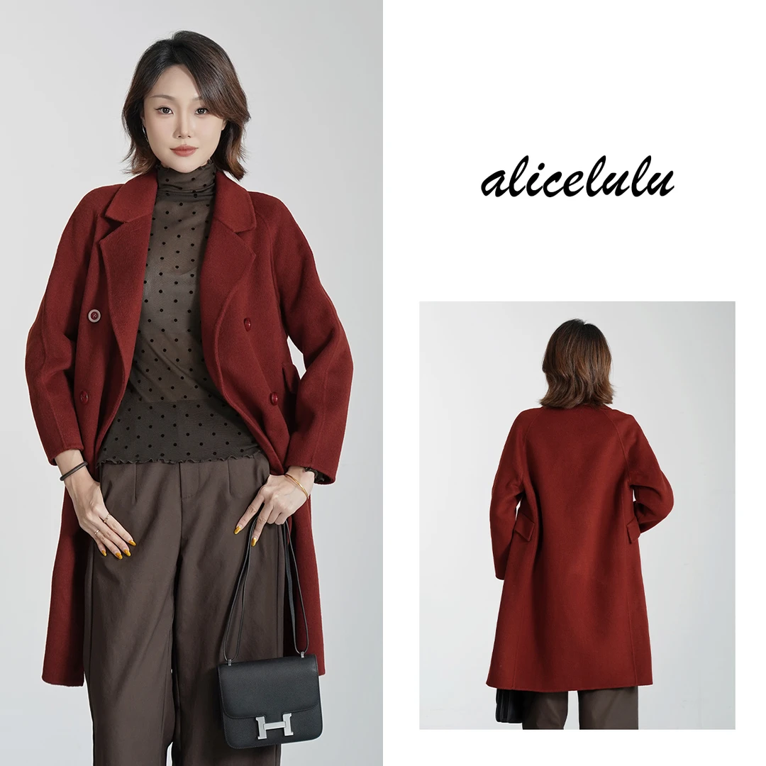 [alicelulu]时尚西装领双排扣毛呢外套宽松中长款S2144803T