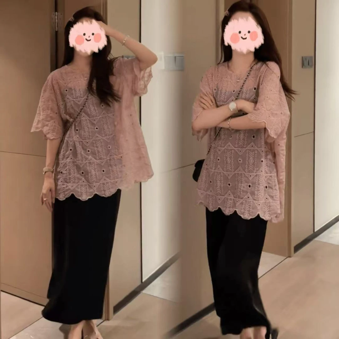 新款轻奢极简镂空圆领短袖上衣女百搭气质显瘦开叉洋气半身裙子