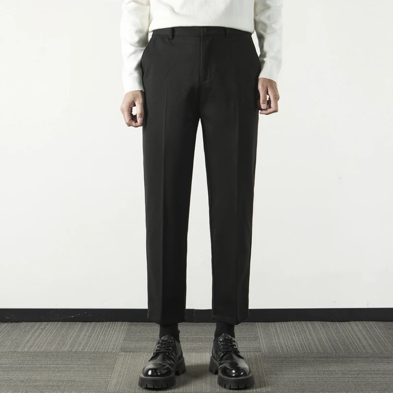 黑色厚款毛呢西装裤男秋冬季呢料休闲九分裤直筒垂坠感小西裤长裤