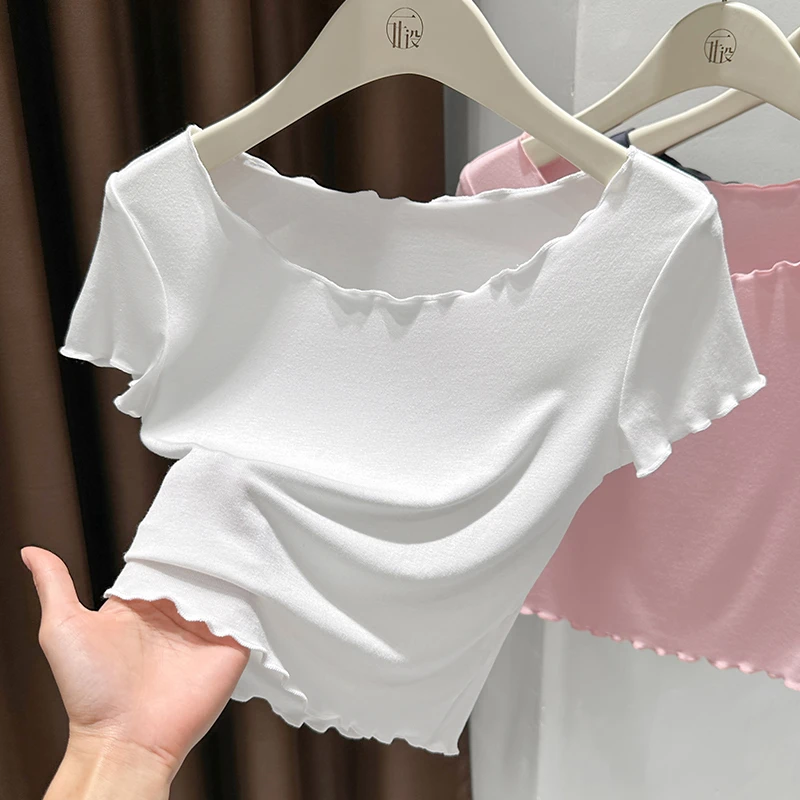 洋气小众白色气质圆领针织短袖体恤女木耳边设计正肩修身显瘦上衣
