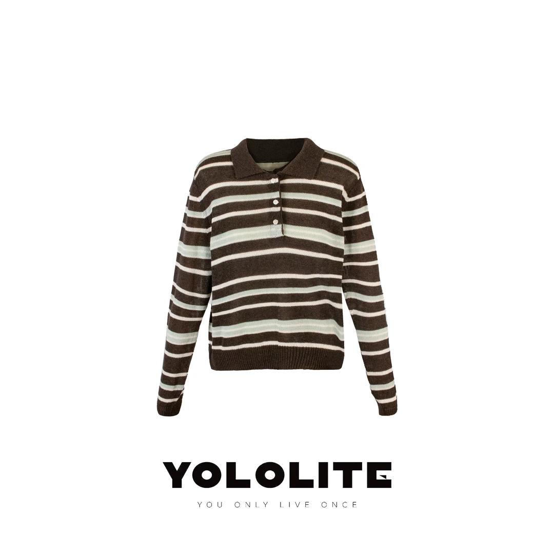 YOLOLITE【韵律织纹】2644法式复古条纹长袖针织衫女夏季宽松上衣