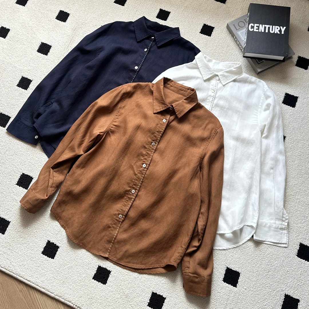 【米可家】早秋天丝亚麻拱针撞色质感衬衫25513