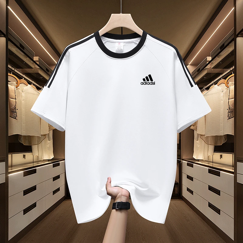 阿迪精选纯棉短袖T恤男夏季新款圆领三条杠时尚百搭宽松短袖上衣