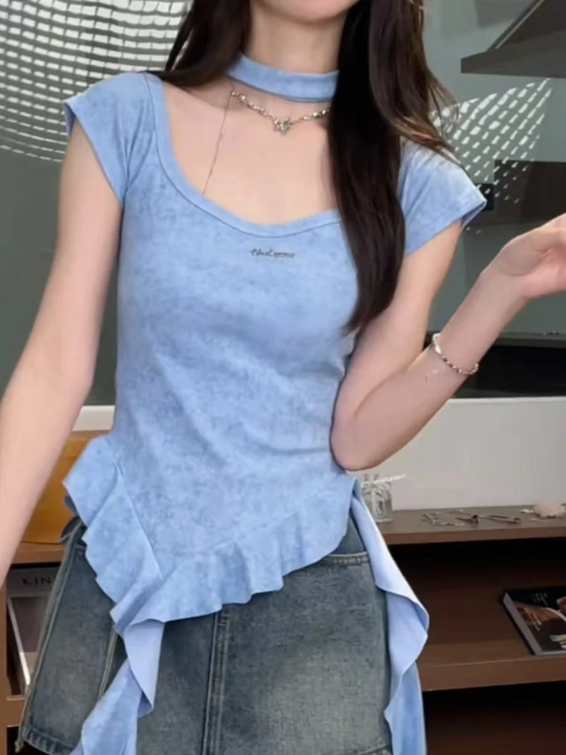 美式复古不规则荷叶边短袖T恤女2025夏季设计感修身显瘦百搭上衣