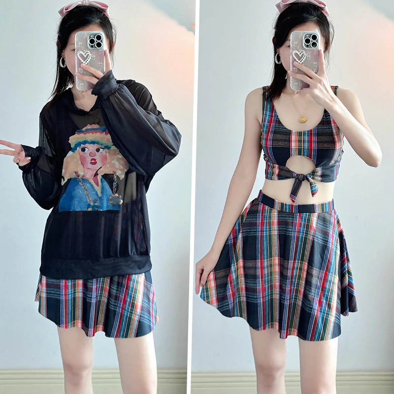 泳衣女长袖防晒罩衫显瘦遮肚微胖宽松保守分体三件套泡温泉游泳装