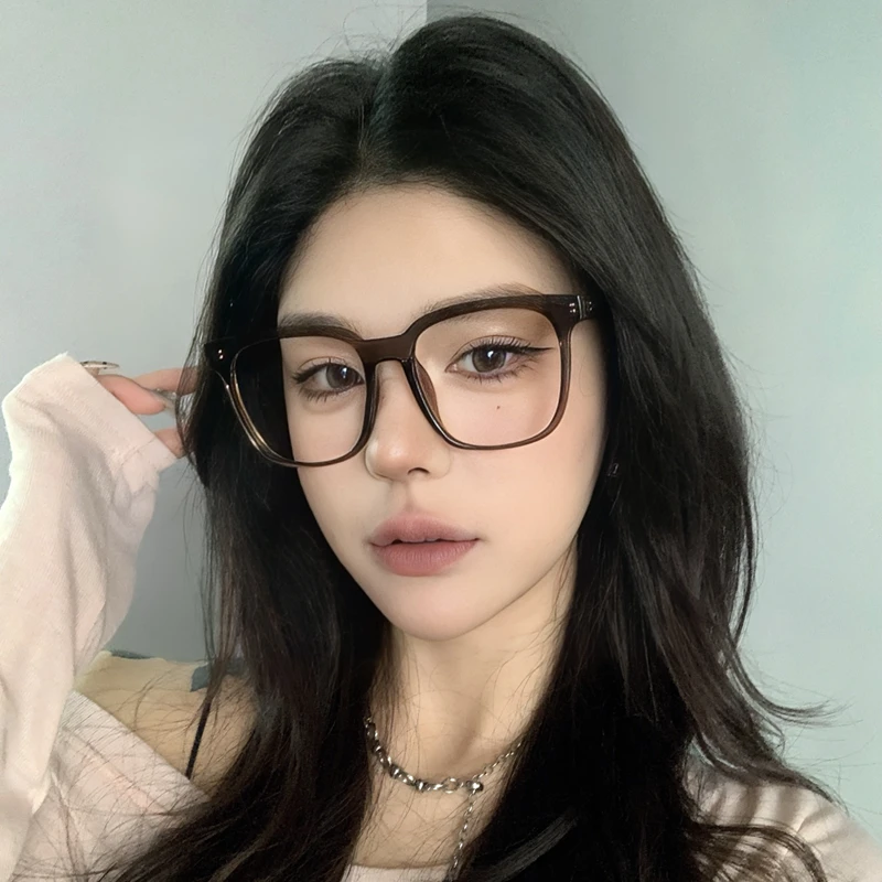 复古冷茶色大框近视眼镜可配度数时尚早八素颜显脸小防蓝光平光镜