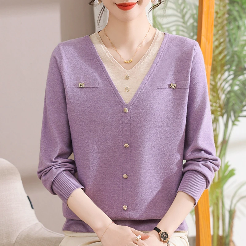 2025新款妈妈春秋针织上衣洋气中老年女装时尚宽松显瘦假两件上衣