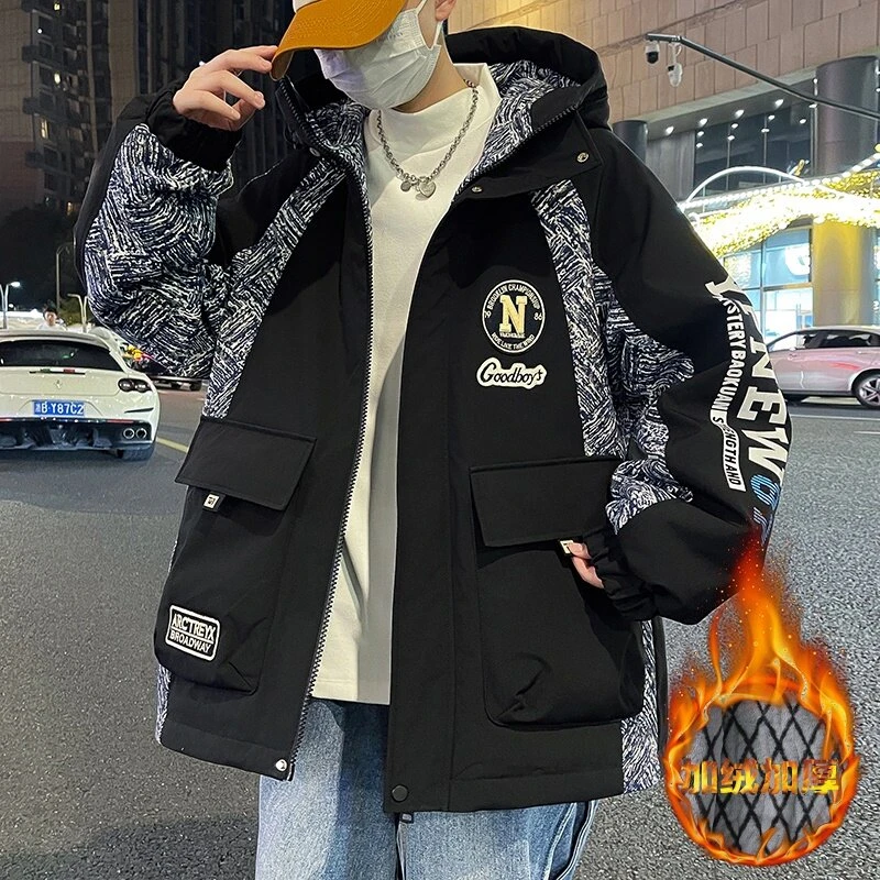 青少年秋冬季新款潮牌加绒保暖夹克连帽外套帅气韩版百搭加厚潮流
