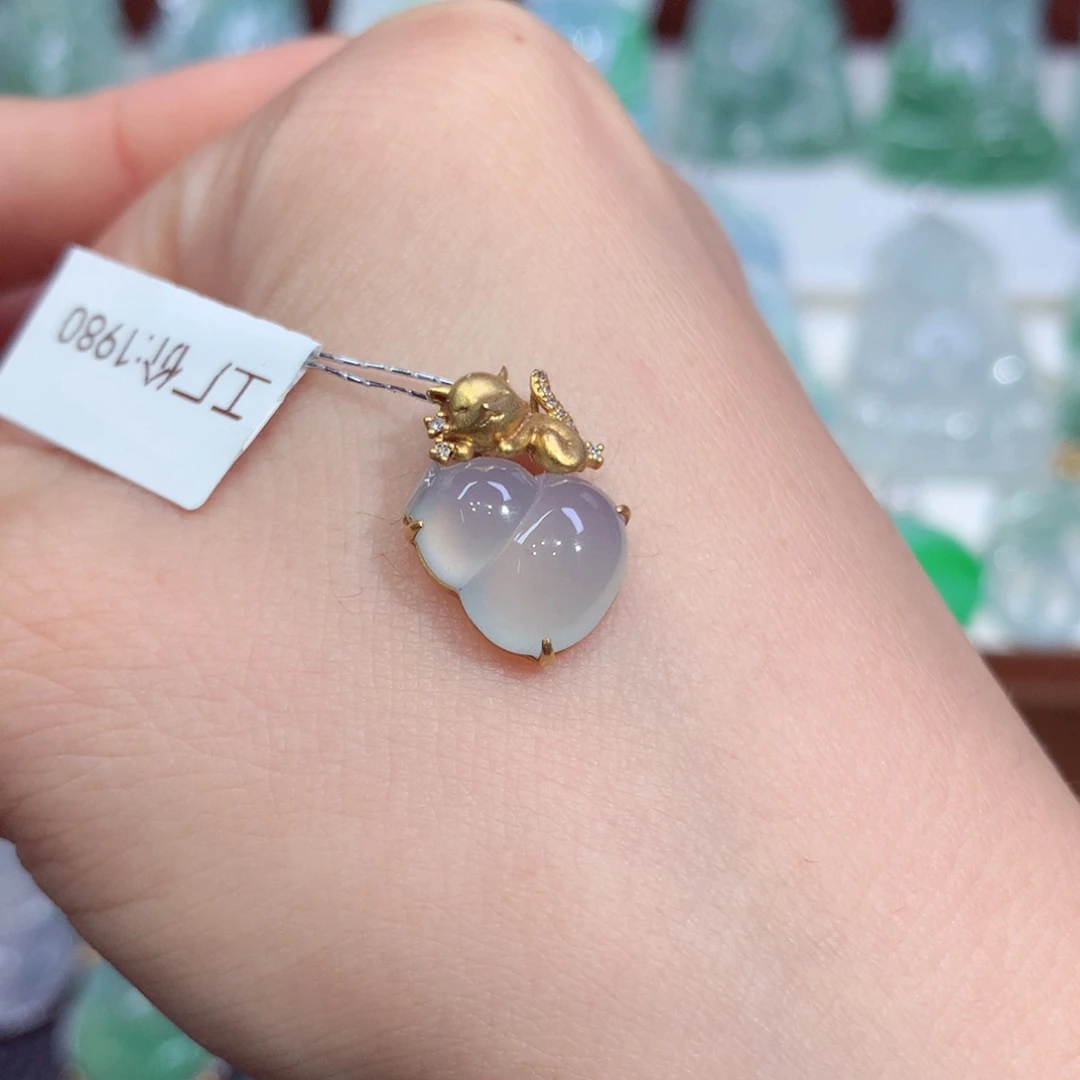 吊坠(不含链)18K金镶嵌翡翠天然缅甸A货翡翠揭阳工葫芦