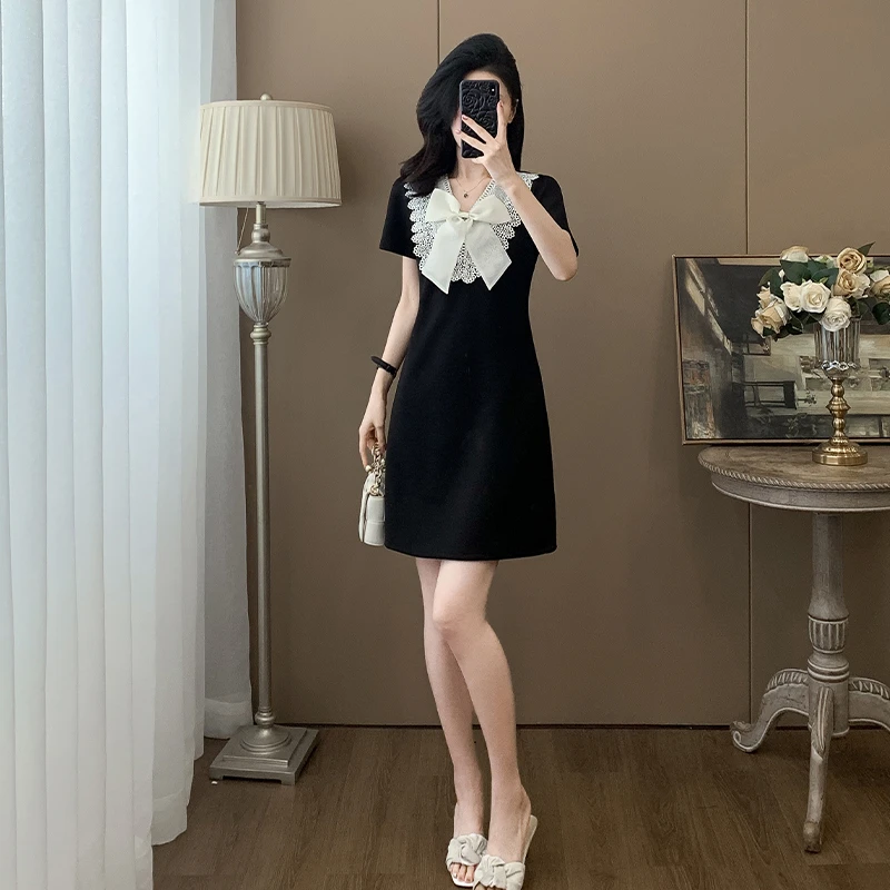 高端气质垂坠感连衣裙女2025夏法式洋气减龄收腰显瘦蝴蝶结小黑裙