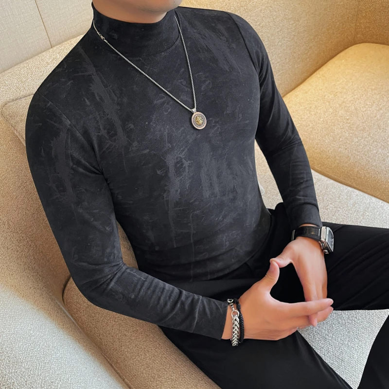 ICCLEK长袖T恤男渐变扎染中领纯棉内搭秋冬潮流全棉半高领打底衫