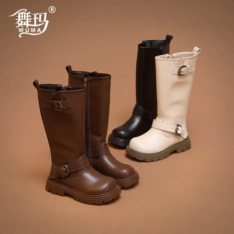 舞玛女童鞋子儿童长筒靴2025新款冬季加绒厚底高筒靴骑士靴548631
