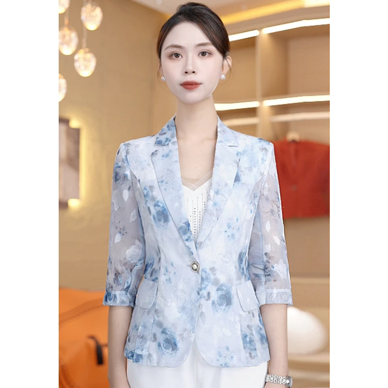 印花七分袖西装外套女夏季2025新款高级感洋气薄款休闲西服VS8217