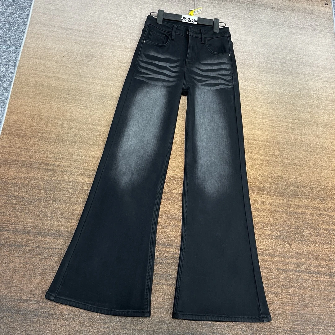 #B6-98230 加绒-厚绒 高级黑美式扎染不贴腿喇叭裤 高弹（不换退）