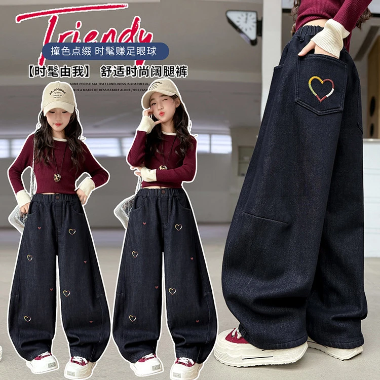 女童加绒牛仔裤冬季新款中大童一体绒加厚阔腿裤儿童韩版宽松裤子