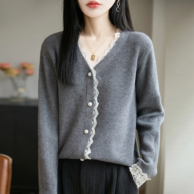 哥弟阿玛施正品安迪绒V领蕾丝女装开衫毛针织衫时尚上衣百搭宽松