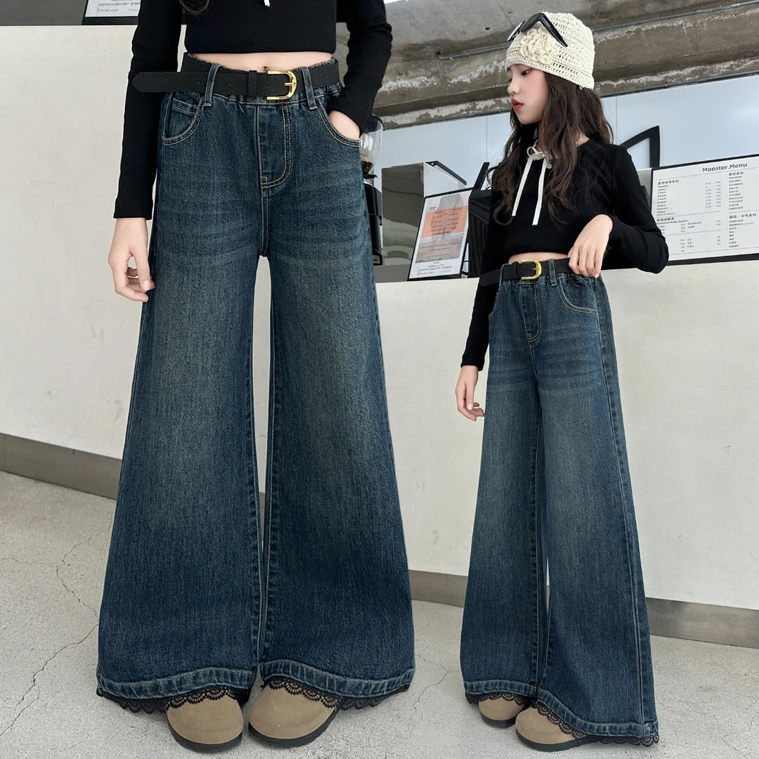 女童牛仔裤春秋2025新款小女孩秋季不贴腿微喇裤高腰显瘦洋气裤子