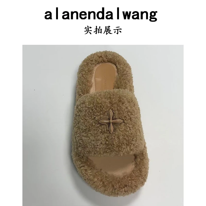 【老周手工女鞋】新款厚底时尚百搭姜黄色毛毛拖鞋平底一字拖外穿