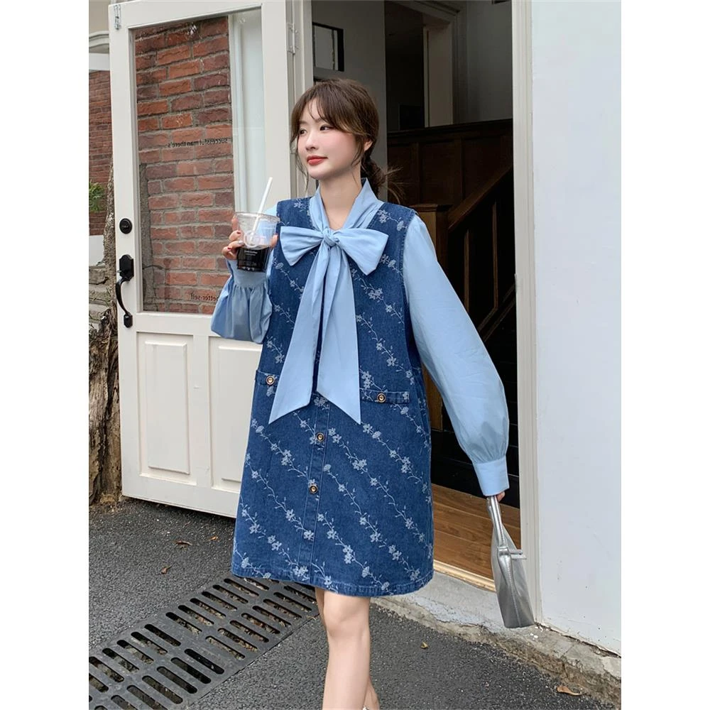 蝴蝶结衬衫牛仔提花背心裙连衣裙女春秋2025新款两件套减龄学院风