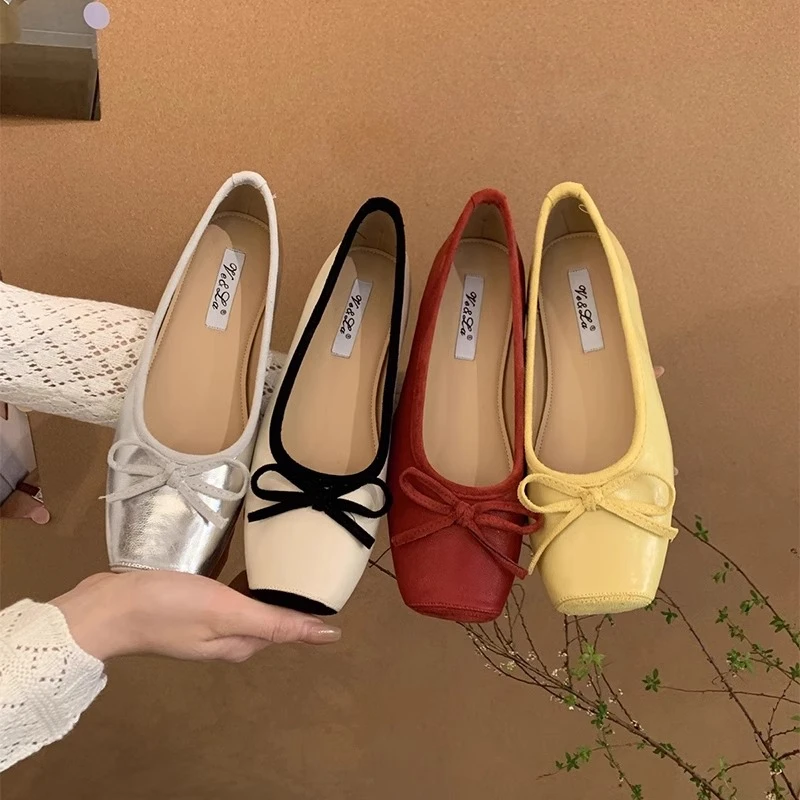 方头浅口早春红色单鞋女新款软平底豆豆鞋一脚蹬芭蕾鞋银色晚晚鞋