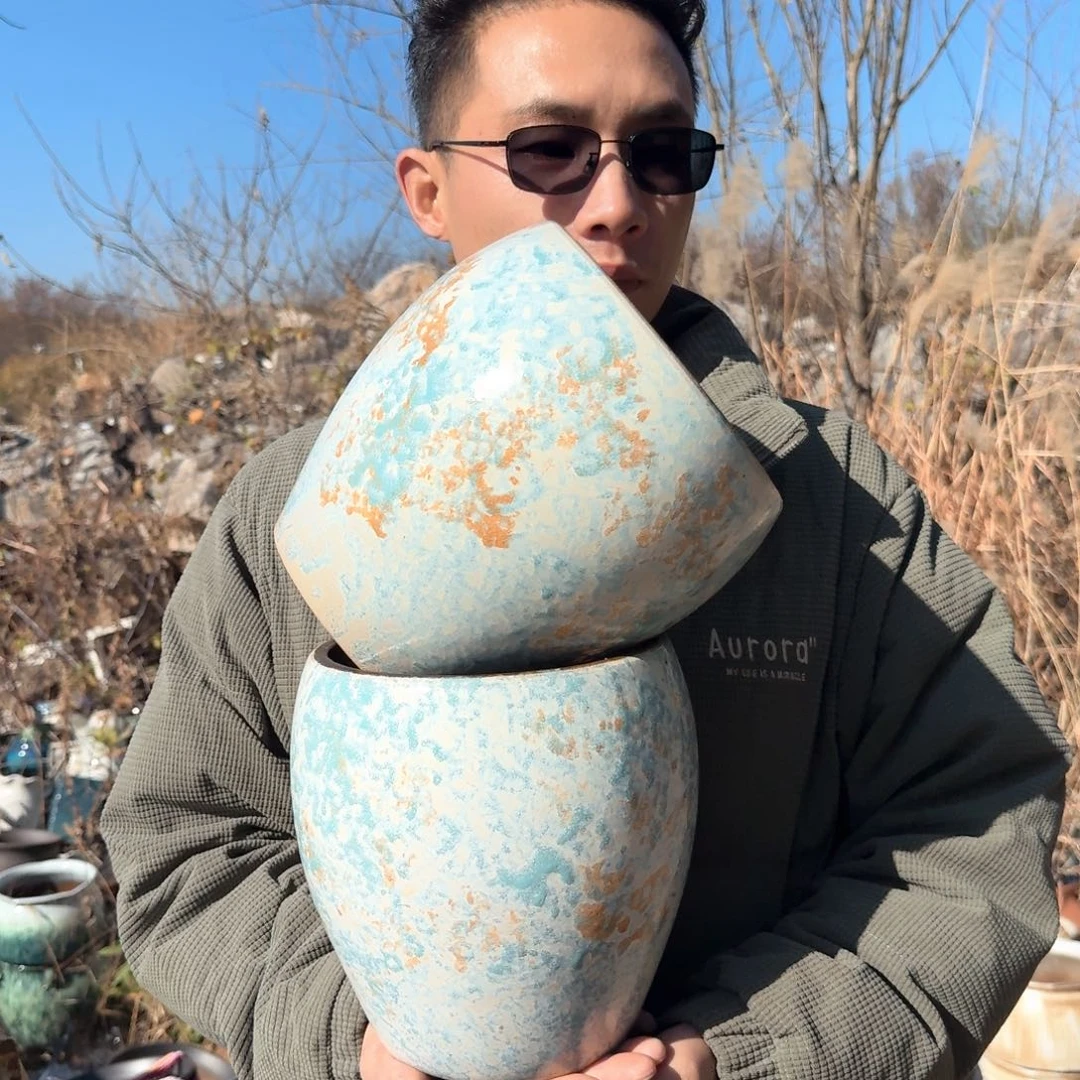 紫砂花盆口18.5高20.5（两个工艺品蛋壳