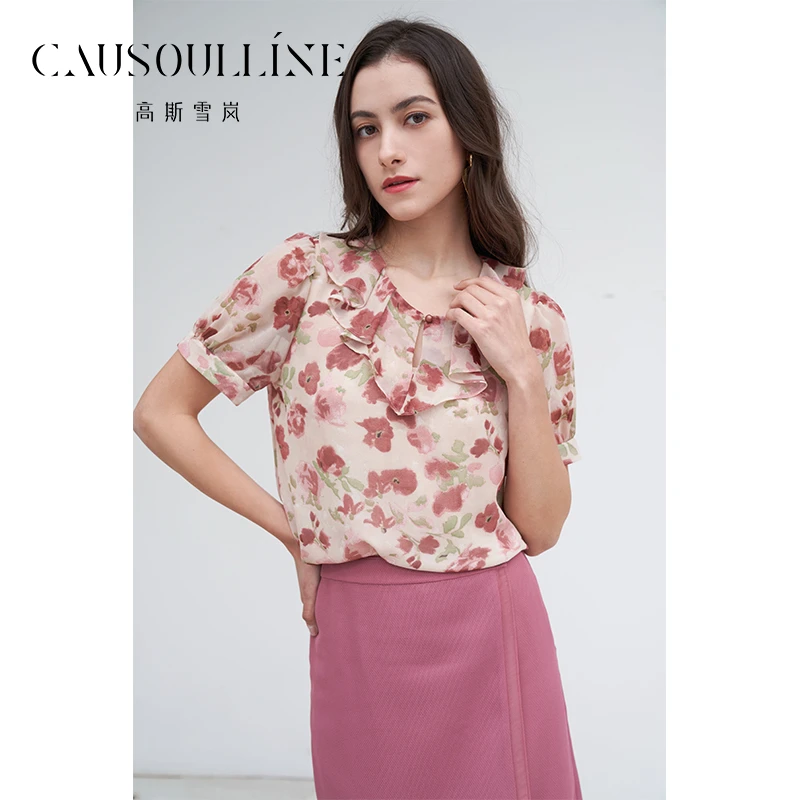 高斯雪岚【夏季新品】碎花气质休闲花边圆领衬衫24219611