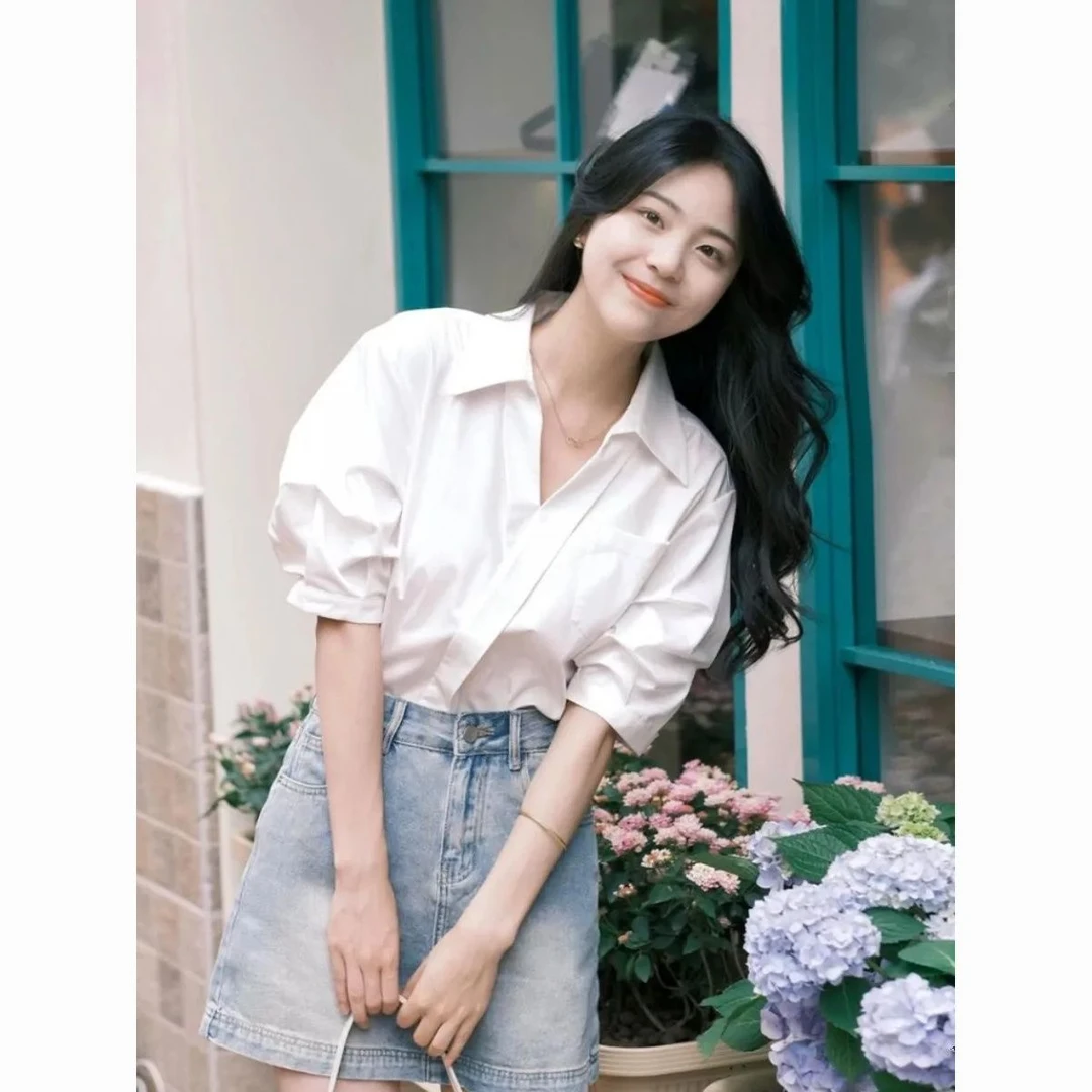 短袖V领法式对襟夏季衬衫森系薄款五分袖衬衫领复古宽松百搭上衣